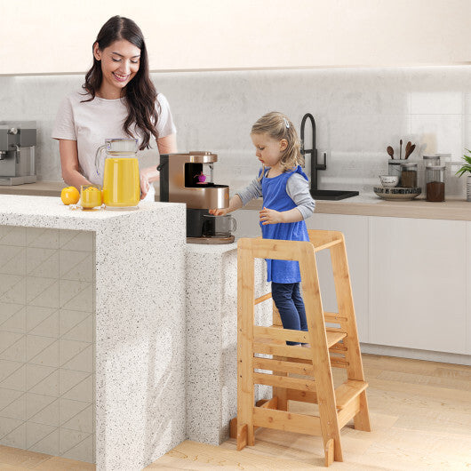 Bamboo Kids Kitchen Step Stool with Adjustable Height and Safety Rails-Natural W2B