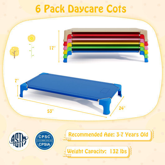 Portable 6 Pack Stackable Daycare Cots Sleeping Bed for Kids 53 Inch-Blue