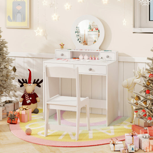 Kids Vanity Set with Mirror Princess Makeup Dressing Desk and Chair Set with Mirror-White W2B