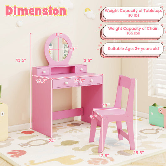 Kids Vanity Set with Mirror Princess Makeup Dressing Desk and Chair Set with Mirror-White W2B