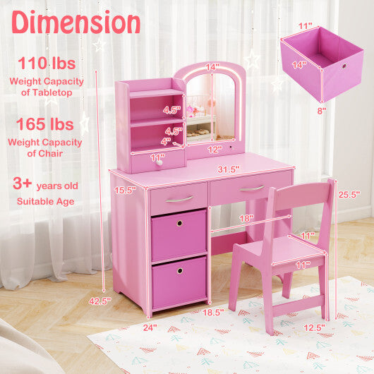 Kids Vanity Set with Lighted Mirror Makeup Desk and Chair Set with Drawers-White W2B