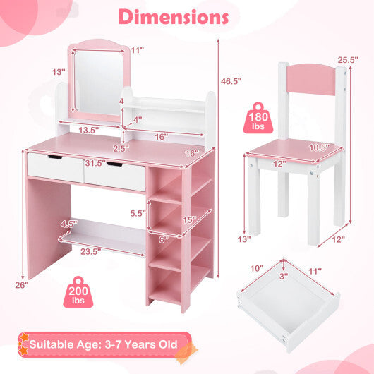 Kids Vanity Set with Chair and Mirror Makeup Dressing Desk with Storage Shelves and Drawers-White & Pink W2B