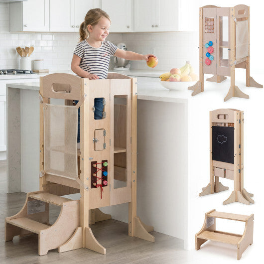 Foldable Toddler Step Stool Wooden Kitchen Standing Tower with 2-Step Stool W2B