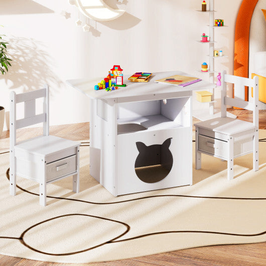 Kids Table and Chairs Set 3 Pieces Wooden Children Furniture with Cat House-White W2B