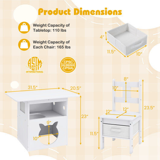 Kids Table and Chairs Set 3 Pieces Wooden Children Furniture with Cat House-White W2B