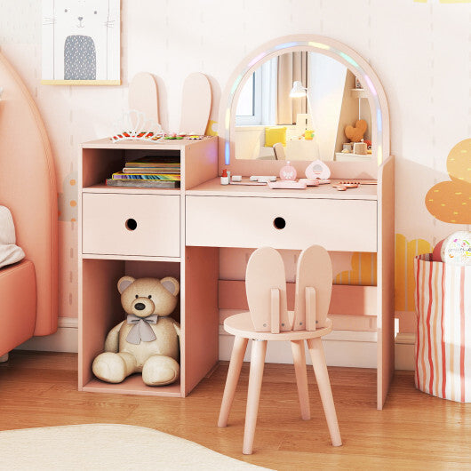 Kids Vanity Desk and Chair Set with Lights Open Shelves-White W2B