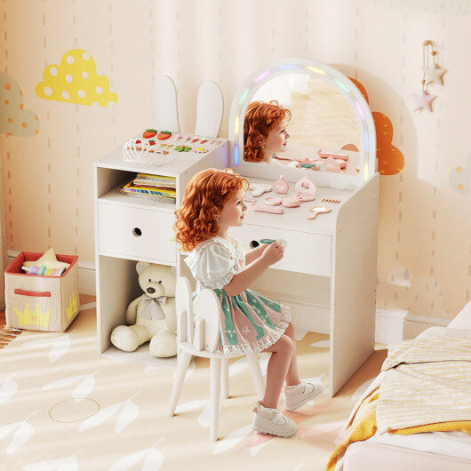 Kids Vanity Desk and Chair Set with Lights Open Shelves-White