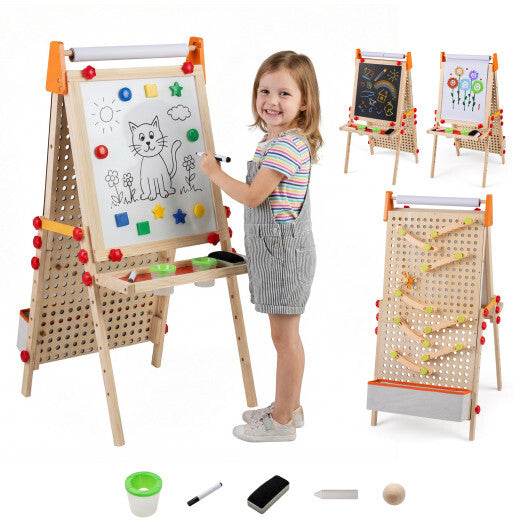 4-in-1 Wooden Kids Art Easel Double-Sided Foldable with Paper Roll and Storage Tray W2B