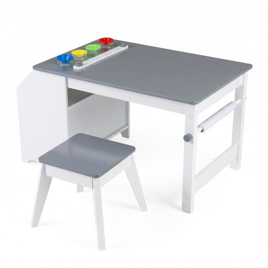 Kids Art Table and Stool Set Toddler Activity Desk with Paper Roll and 4 Paint Cups for Drawing Learning-Gray W2B