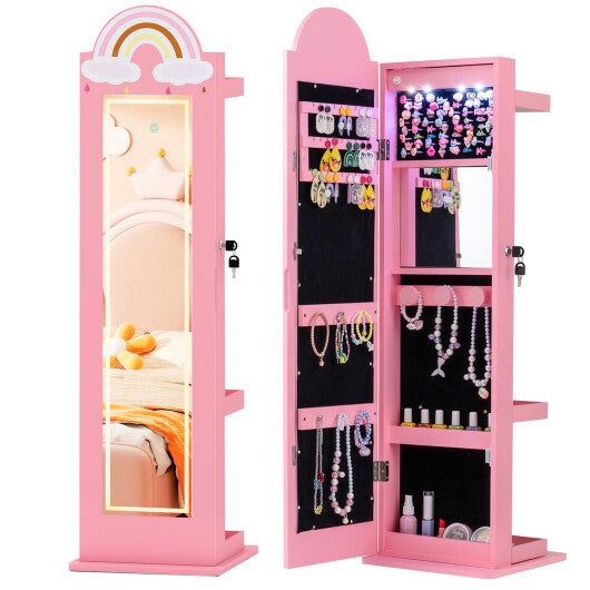 3 In 1 Kids Jewelry Cabinet Freestanding Jewelry Armoire with 3-Color Lighted Mirror-White W2B