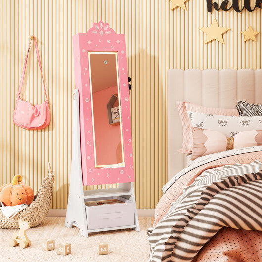 Kids Jewelry Armoire Freestanding Jewelry Cabinet with 3-Color Lighted Full Length Mirror-Pink W2B