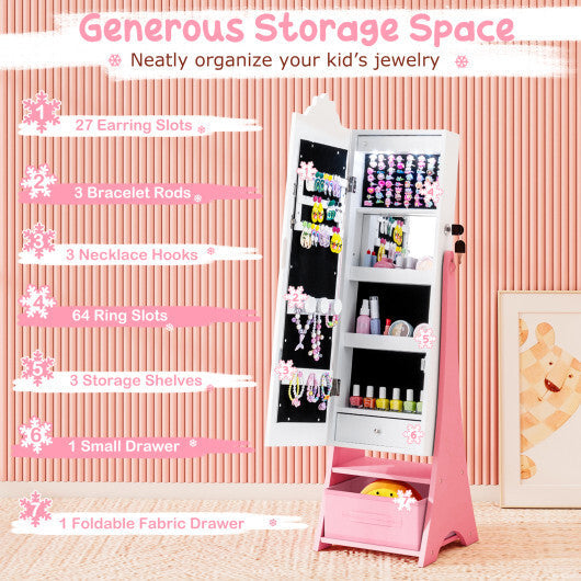 Kids Jewelry Armoire Freestanding Jewelry Cabinet with 3-Color Lighted Full Length Mirror-Pink W2B
