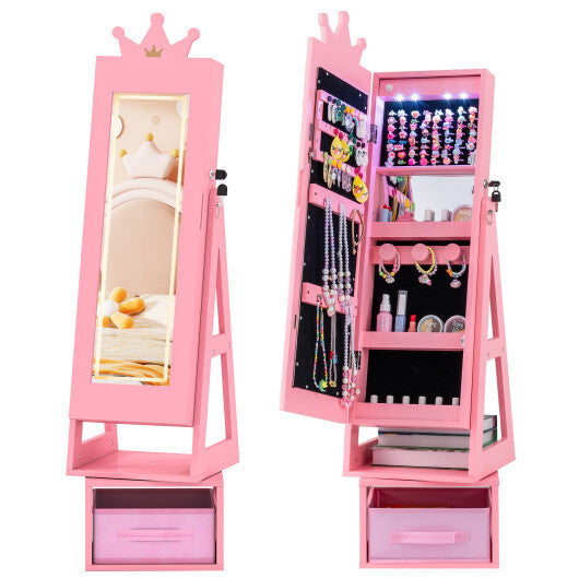 3 In 1 Kids Jewelry Cabinet with 3-Color Lighted Full Length Mirror-White W2B