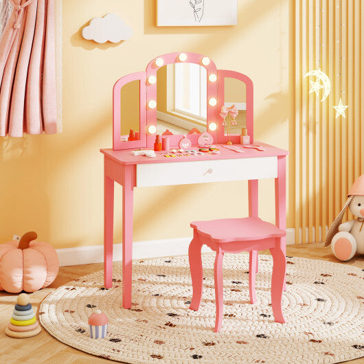 2-in-1 Kids Vanity Table Set with Tri-Folding Detachable Mirror and Lights-Pink W2B