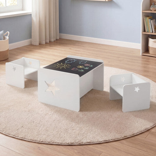 3 Pieces Kids Table and Chair Set Space-saving Toddler Table and 2 Chairs-White W2B