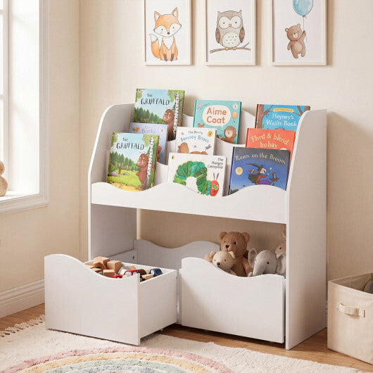 Kids Toy Wooden Storage Organizer with 2 Rolling Drawers for Kids Room-White W2B