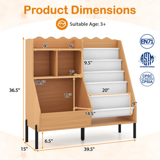 Kids Bookshelf and Toy Storage Organizer Wooden Bookcase with 5 Fabric Pockets-Natural W2B