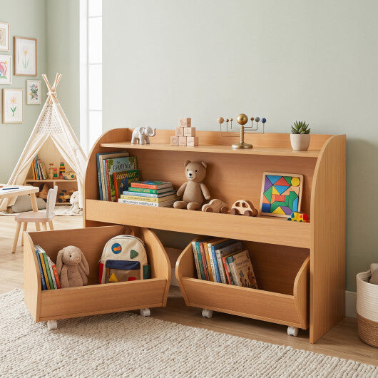 Kids Toy Storage Organizer with 2 Rolling Drawers & 3-Tier Bookshelf for Playroom-Natural W2B