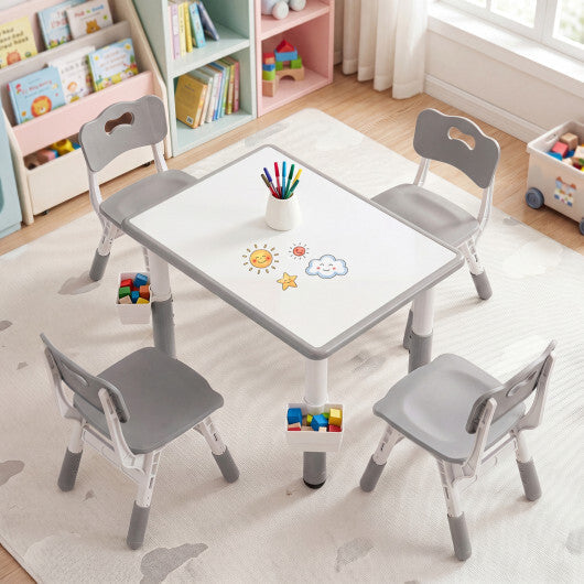 Height Adjustable Kids Table and 4 Chairs Set with Graffiti Desktop and 2 Storage Baskets-Gray W2B