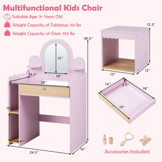 Pretend Makeup Dressing Table Set with 2 Small Shelves and Compartments-Pink W2B