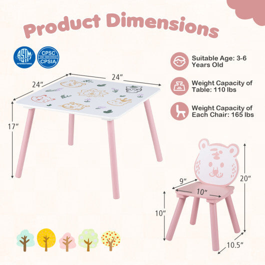 3 Pieces Kids Table and Chairs Set with Animal Patterns for Kids W2B