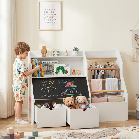 Kids Toy Storage Organizer with Flip-up Blackboard-White W2B