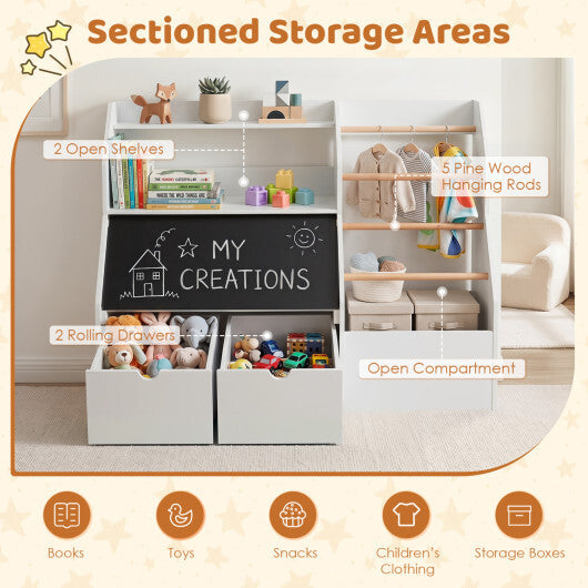 Kids Toy Storage Organizer with Flip-up Blackboard-White W2B