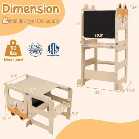3-in-1 Wooden Kids Toddler Kitchen Step Stool with Blackboard-Black&White W2B