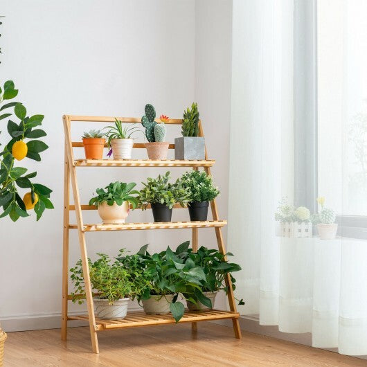 3-Tier Bamboo Foldable Plant Stand with Display Shelf Rack-Natural - Color: Natural W2B