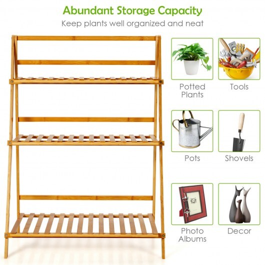 3-Tier Bamboo Foldable Plant Stand with Display Shelf Rack-Natural - Color: Natural W2B