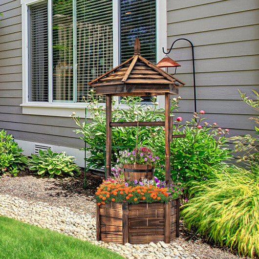 Rustic Wooden Wishing Well with Adjustable Hanging Bucket-Brown - Color: Brown W2B