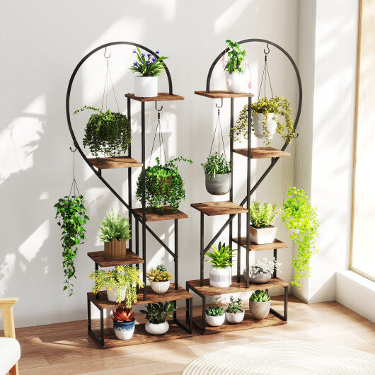 6-Tier Metal Plant Stand 2 Half-Heart-Shape Ladder Plant Shelves-Coffee