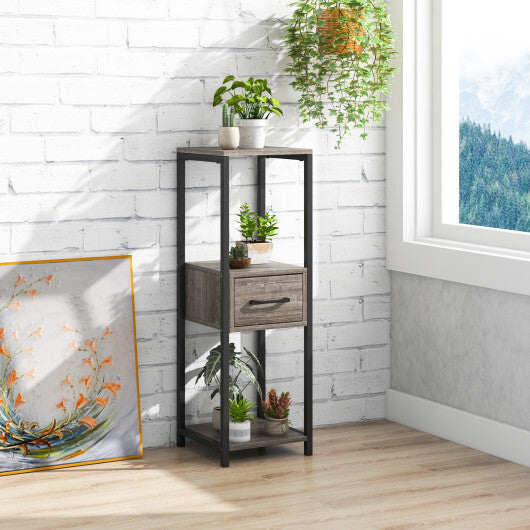 3 Tier Tall Metal Plant Stand with Drawer for Balcony Office-Gray W2B