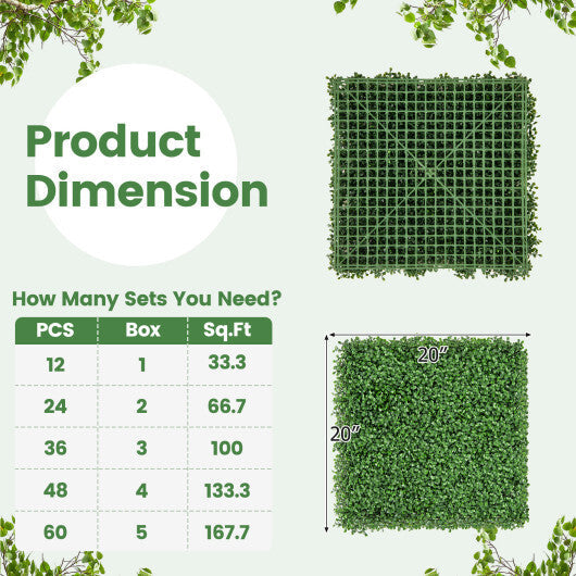 12 Pieces 20 x 20 Inch Artificial Boxwood Wall Panels with Insertable Branches W2B
