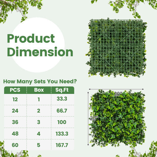 12 Pieces 20 x 20 Inch Artificial Greenery Foliage Panels with Insertable Branches W2B