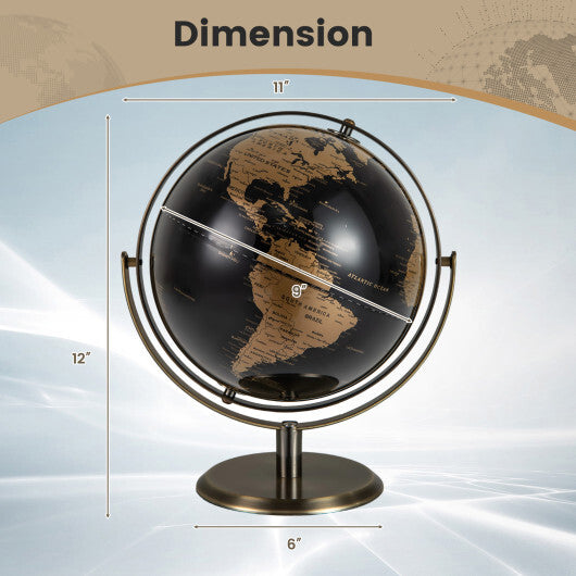 9-Inch Metallic Black World Globe with Metal Stand-Golden W2B