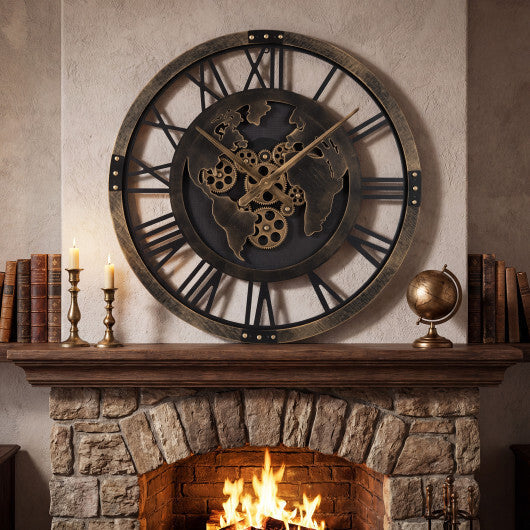 Large Wall Clock 27" Gear Clock with World Map-Brown W2B