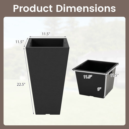 Set of 2 Square Taper Planter with Removable Inner Bucket and Optional Drainage Hole-M W2B