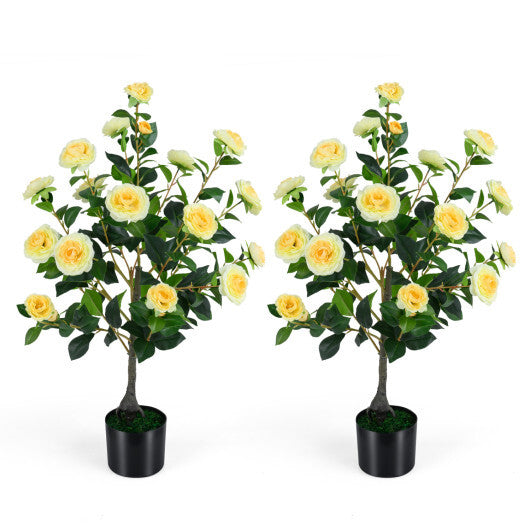 2-Pack Artificial Camellia Tree Faux Flower Plant in Cement-Filled Pot-White W2B
