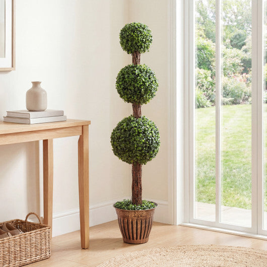 4 FT Artificial Triple Ball Boxwood Tree with Cement-filled Retro Planter-Green W2B