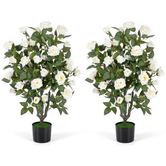 Set of 2 Artificial Rose Tree with Blooming Flowers and Green Leaves for Indoor-White W2B