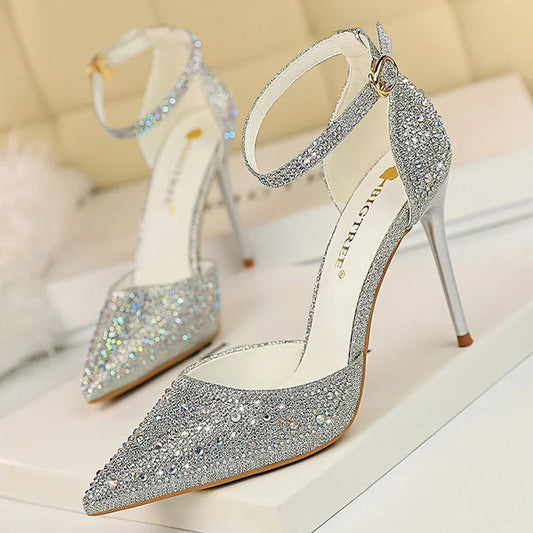BIGTREE Shoes Shiny Rhinestones High Heels Ladies Shoes Women Pumps Stiletto Sweet Women Heels Wedding Shoes Women Sandals 10 Cm Pi-Mart