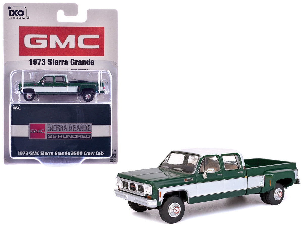 1973 GMC Sierra Grande 3500 Crew Cab Dually Pickup Truck Green and White 1/64 Diecast Model by IXO Models IXO