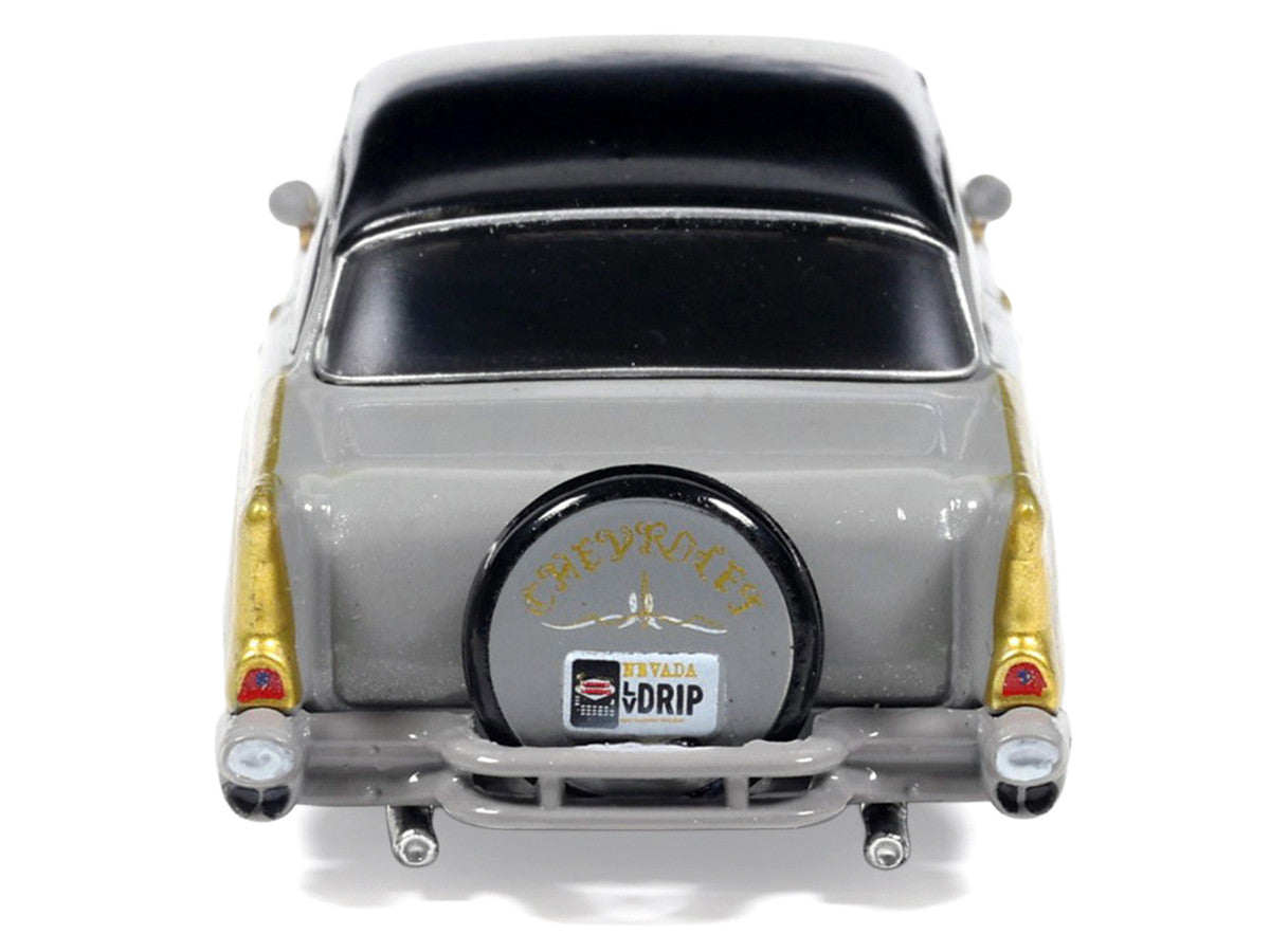 1957 Chevrolet Bel Air Lowrider Gray with Black Top and Gold Accents 1/64 Diecast Model Car by IXO Models IXO