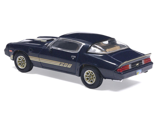 1981 Chevrolet Camaro Z28 Dark Blue Metallic with Gold Stripes and Interior 1/64 Diecast Model Car by IXO Models-1
