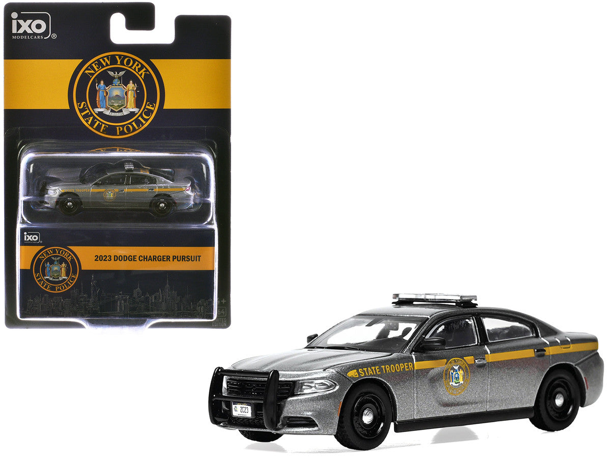 2023 Dodge Charger Pursuit "New York State Police" Gray Metallic with Yellow Stripes 1/64 Diecast Model by IXO Models-4