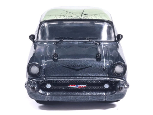1957 Chevrolet Bel Air Lowrider Gray Metallic with Light Green Top and Halloween Graphics 1/64 Diecast Model Car by IXO Models IXO