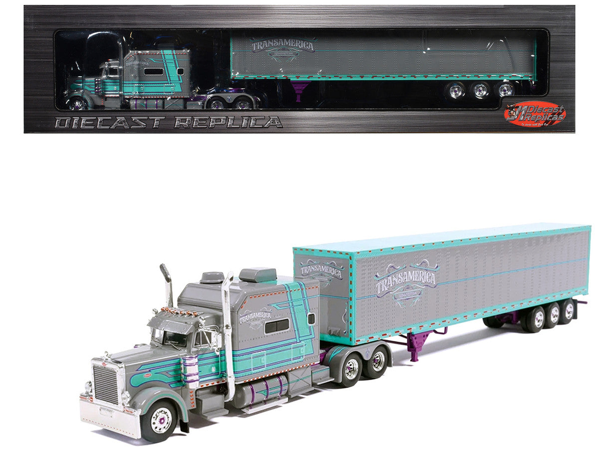 Peterbilt 379 Truck with Sleeper and Dry Goods Trailer "TransAmerica" Gray with Seafoam Green Graphics "J1 Diecast" Series 1/64 Diecast Model by IXO Models IXO