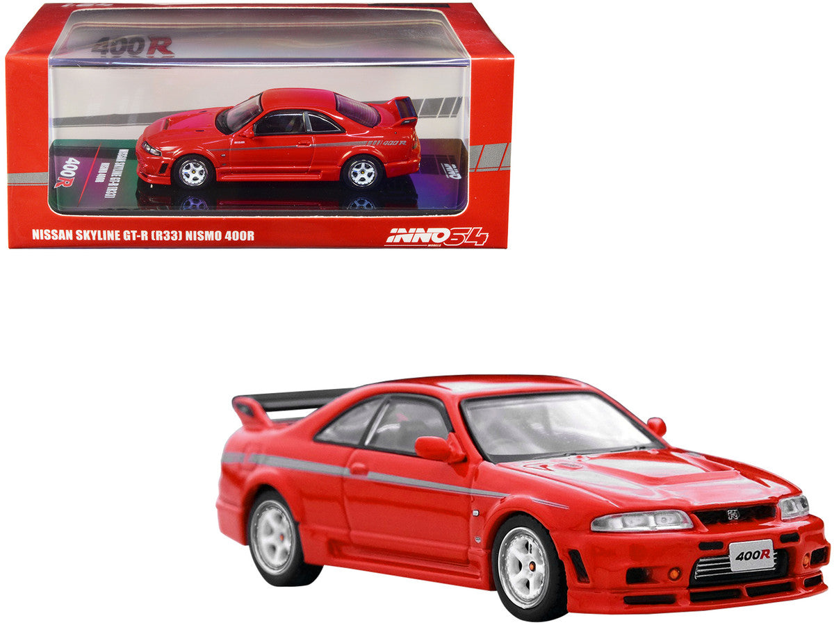 Nissan Skyline GT-R (R33) Nismo 400R RHD (Right Hand Drive) Super Clear Red II with Silver Stripes 1/64 Diecast Model Car by Inno Models Inno Models