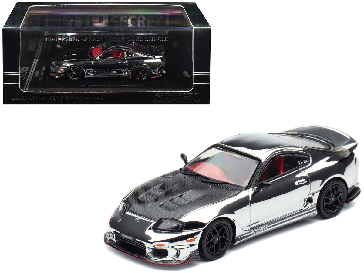 Toyota Supra (A80) "Top Secret" GT300 RHD (Right Hand Drive) Chrome with Carbon Hood and Red Interior "Tokyo Auto Salon 2026 Event Exclusive" 1/64 Diecast Model Car by Inno Models-4